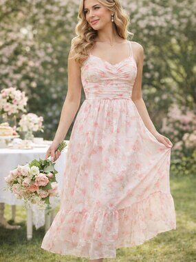 Storia Pink Floral Dress Midi Sheer Overlay Ruffle Hem Romantic Flowy Strap M